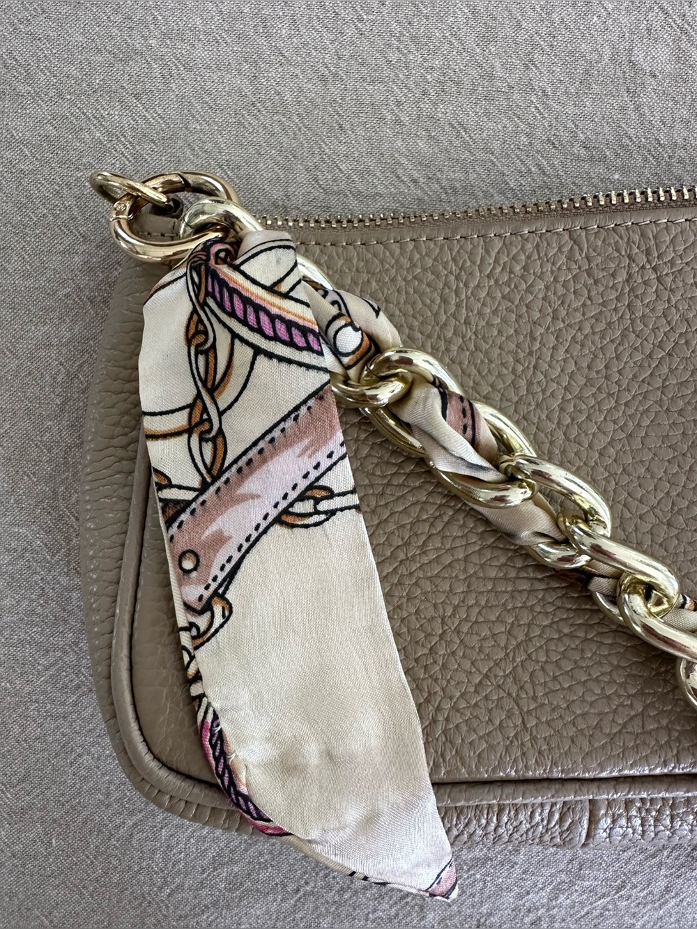 Taupe Genuine Leather Chain Shoulder Bag with Silk Scarf Accent Chain